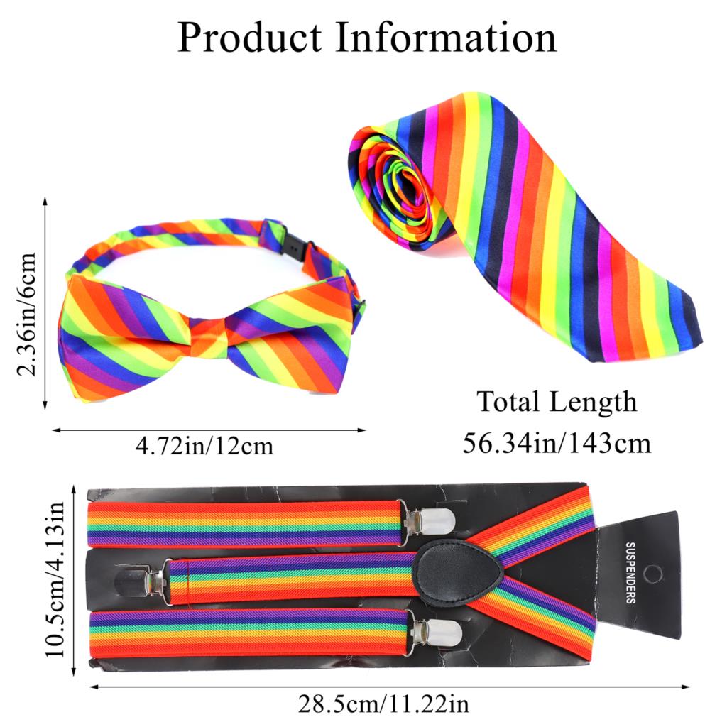 3Pcs/Set Colorful Bow Tie Decoration Rainbow Tie Rainbow Suspenders Set Dress Supplies Accessories