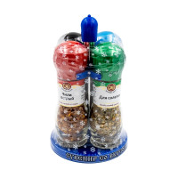 Набор из 4 мельниц со специями "Сувенир со вкусом" подарочный на подставке, приправы и специи универсальные: перец черный и чили, морская соль, приправа для салата с травами