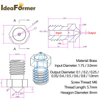 5/10pcs 3D Printer V6 M6 Threaded Brass Nozzle 0.2/0.25 0.3/0.4/0.5/0.6/1.0mm for 1.75/3.0mm Filament E3D V5 V6 Hotend Extruder