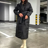 Куртка женская зимняя длинная пуховик с поясом оверсайз