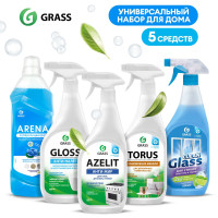 Набор GRASS для уборки дома: для кухни Азелит антижир Azelit 600мл , для ванны Gloss 600мл, чистящее средство для стекол и зеркал Clean glass 600мл, для мебели Torus 600мл и для мытья пола Arena 1л