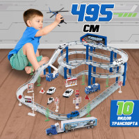 Автотрек с машинками Полиция от WiMi, парковка многоуровневая длиной 495 см, машинки металлические полицейские в наборе, 10 видов