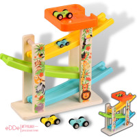 Гоночный 3-уровневый деревянный трек с парковкой "Джунгли" в комплекте 3 машинки