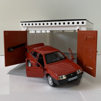 Металлическая машинка игрушка модель LADA 21099 (КРАСНАЯ) в ретро гараже с распашными воротами (21 см)