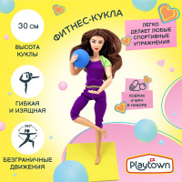 Игровой набор Playtown с Фитнес куклой, йогиня спортсменка с одеждой, мячом и ковриком, с аксессуарами, 29 см, фиолетовый