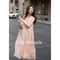 1313氣質女神！80%天絲水波紋粉條紋吊帶裙垂墜長裙