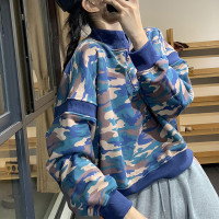 古與色冬季韓版時尚寬鬆百搭休閒短款長袖迷彩拉鍊套頭加絨衛衣女