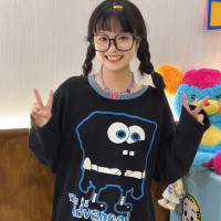 Robootoo童趣古著美式卡通印花減齡甜酷黑色全棉圓領厚棉T2023年秋