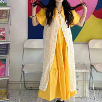 初戀裙子女夏季2023新款海邊度假法式浪漫顯瘦黃色泡泡袖洋裝女