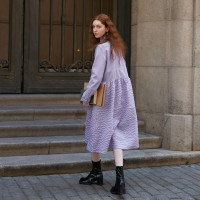 半圓原創設計師女裝2023春秋季新款羊毛呢拼接中長寬鬆襯衫式洋裝