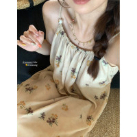 【現貨】im向 U*ma清冷風圓領印花洋裝女珠珠掛頸無袖吊帶裙