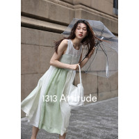 1313重工編織冰青檸拼色90%天絲背心長裙2023夏女白色肌理洋裝