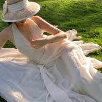 小麗XIAOLI美神降臨無袖V領掛頸洋裝夏溫柔氣質收腰顯瘦長裙子