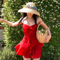 小麗XIAOLI紅白玫瑰V領吊帶洋裝春夏多巴胺小個子辣妹收腰a字裙