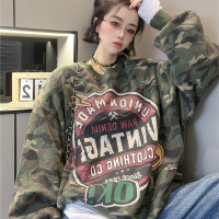 拼色字母迷彩衛衣女2023秋季新款設計感復古寬鬆休閒套頭短上衣