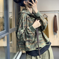 莫裏秋季原創韓版潮流文藝個性破洞寬鬆休閒減齡百搭連帽迷彩衛衣