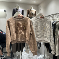 2023秋季新款女裝刺繡米奇重工設計感長袖套頭薄寬鬆短版衛衣外套