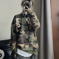 2022年秋季新款美式復古字母塗鴉迷彩圓領厚棉T男女街頭嘻哈上衣潮