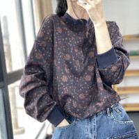 古與色秋冬季復古文藝蝙蝠袖寬鬆顯瘦抽繩休閒碎花純棉休閒上衣女上衣