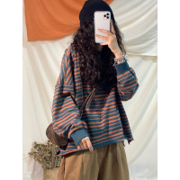 2022春季新款韓版純棉條紋休閒上衣女短款寬鬆百搭休閒顯瘦上衣時尚潮