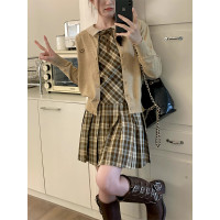 cozydays「霍格沃茨」秋冬季多巴胺格紋無袖洋裝翻領設計感小眾