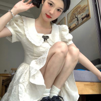 法式氣質少女感娃娃領洋裝女夏季收腰顯瘦甜美可愛泡泡袖短裙潮