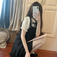 法式高級感小個子收腰顯瘦復古港味chic黑色抱嬰袋兩件式洋裝裝夏