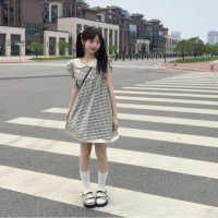 日系可愛娃娃領1/4吋套筒扳手袖洋裝少女夏季寬鬆遮肚子A字裙顯瘦格子裙