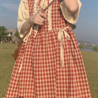 日系甜美可愛小個子洋裝2023夏季新款寬鬆學院風木耳邊兩件套裙