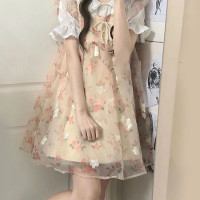 甜美蝴蝶結抱嬰袋小個子洋裝2023夏季新款百搭泡泡袖t襯衫兩件套潮