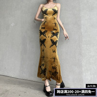 SWEETOWN美拉德#蝴蝶暈染印花絲絨長裙復古辣妹包臀吊帶洋裝女