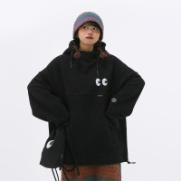 嬉遊記原創2023冬新款黑色寬鬆搖粒絨連帽運動衫女加絨保暖休閒上衣