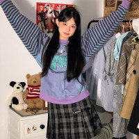 櫻田川島秋季時尚圓領紮染插肩袖斑馬條紋oversize美式復古衛衣女