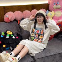 Robootoo花灰色原創童趣美式全棉印花套頭長版內搭衛衣裙2023冬女