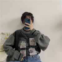 Nostalgia美式復古拼接卡通刺繡針織衫寬鬆慵懶風秋冬設計感毛衣