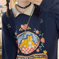 OffbeatNancy 藏青色毛線貓polo領衛衣寬鬆可愛加絨套頭上衣秋冬