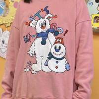 原創雙色童趣古著卡通刺繡針織微彈圓領厚棉T上衣2023年春季可愛女