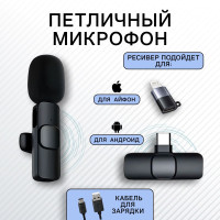 Микрофон петличный беспроводной с шумоподавлением для телефона iphone, Android - Type-C и lightning, петличка с клипсой