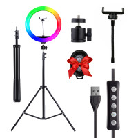 Кольцевая светодиодная лампа LED RING 26 см RGB, с цветными режимами, Bluetooth пультом, регулируемым штативом 210 см, держателем для телефона