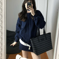 aaaaxbbb 遊廊海域 懶人時尚破洞衛衣高腰藏青色半身裙早秋套裝女