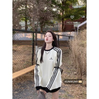 kumikumi慵懶風字母刺繡長袖條紋休閒上衣女2023秋季寬鬆顯瘦休閒上衣