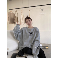 慵懶風字母刺繡長袖無帽衛衣外套女冬季寬鬆oversize加絨加厚上衣