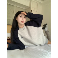 插肩袖加厚厚棉T女秋季2023新款字母刺繡撞色寬鬆中長版BF長袖上衣