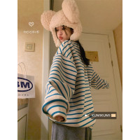 kumikumi慵懶風撞色條紋長袖厚棉T女2023早秋新款寬鬆顯瘦休閒上衣