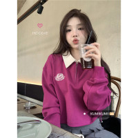 kumikumi撞色POLO領套頭長袖休閒上衣女裝秋季小個子短款寬鬆刺繡上衣