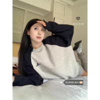 kumikumi美式復古刺繡撞色長袖厚棉T女裝秋季寬鬆中長版休閒上衣潮