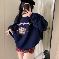 kumikumi甜美減齡趣味印花長袖套頭厚棉T女早秋休閒顯瘦中長版上衣