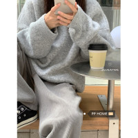 PPHOME灰糯甜茶~灰色毛衣女秋冬寬鬆BF慵懶風加厚套頭針織衫上衣