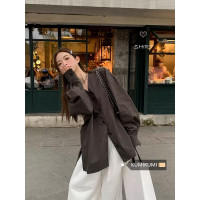 kumikumi慵懶風V領長袖襯衫女裝秋季設計感小眾寬鬆顯瘦休閒上衣