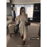 法式氣質長袖灰色針織洋裝女秋季修身百褶裙內搭短裙子打底裙潮